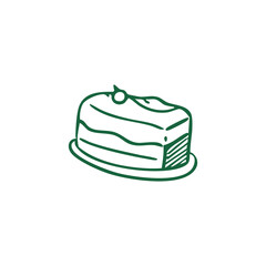 Green line drawing of a cake slice with a single cherry on top