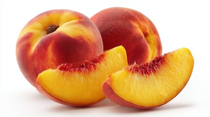 Peaches whole and sliced isolated on white background