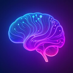 Vibrant neon brain illustration with pink and blue hues on dark background