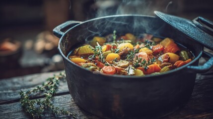 Hearty vegetable stew steaming in cast iron pot