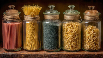 Assorted dry pasta and lentils displayed in glass jars