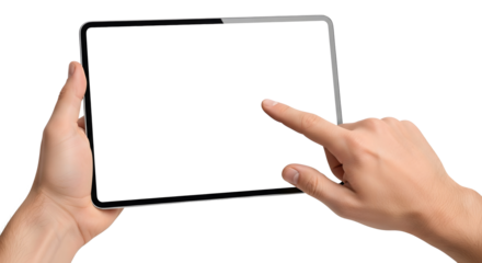 Male hand holding tablet with blank screen on transparent background