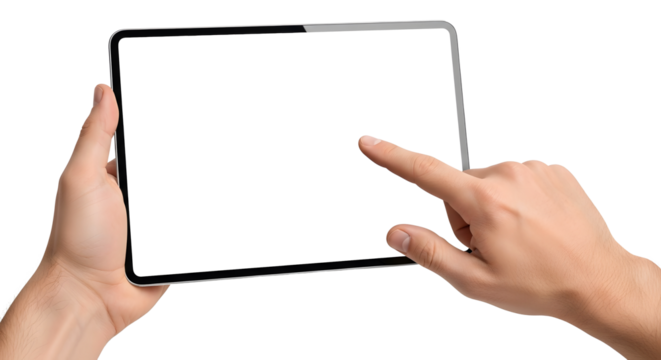 Male hand holding tablet with blank screen on transparent background - Powered by Adobe