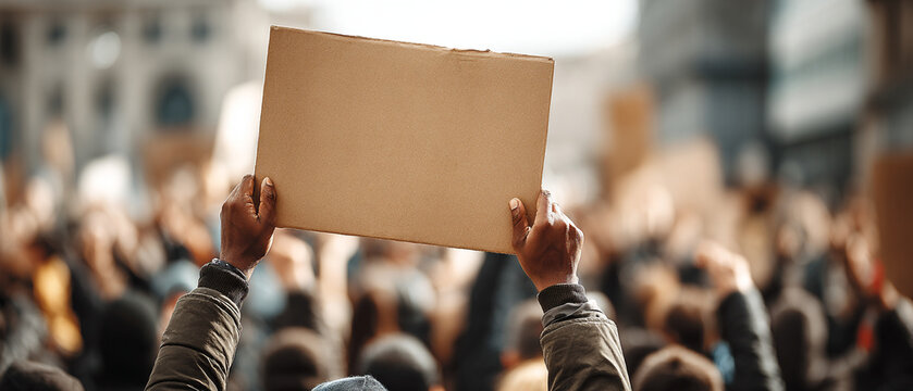 Hands holding blank cardboard sign in a crowd protesting or demonstrating on city street