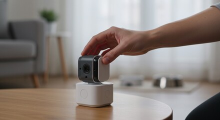 A hand sets up a smart security camera on a table, highlighting the concept of home automation.Concept of home security and smart device technology.