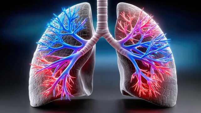 Animated 3D illustration of human lungs and bronchial tree in motion, showing inhalation, exhalation and gas exchange for educational medical and respiratory science use