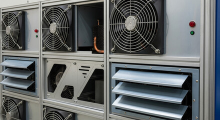 Close-up of air cooling, featuring strategically placed fans and vents that optimize airflow to accelerate cooling during industrial processes in manufacturing.