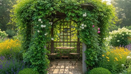 Obraz premium Charming garden gazebo with wooden furniture surrounded by lush greenery and colorful flowers