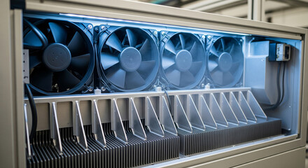 Close-up of air cooling, featuring strategically placed fans and vents that optimize airflow to accelerate cooling during industrial processes in manufacturing.