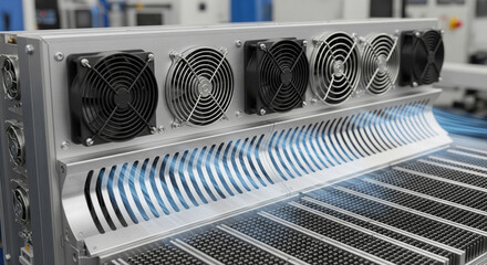 Close-up of air cooling, featuring strategically placed fans and vents that optimize airflow to accelerate cooling during industrial processes in manufacturing.