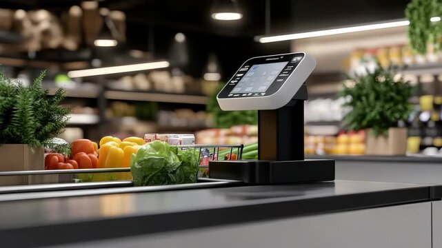 Vegetables are being transported along a conveyor belt towards a self service checkout station in a supermarket, offering customers a seamless and modern way to pay without any physical contact