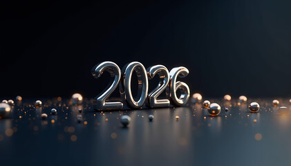 Metallic 2026 numbers with scattered gold and silver spheres