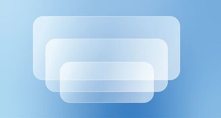 Liquid glass push stack, 3d light frame boxes on blue background. Modern clean abstract background with layered frosted glass effect elements on a blue gradient. A visually striking abstract backgroun