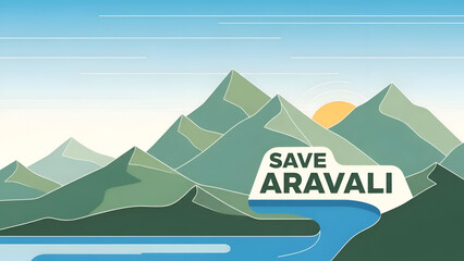 Save Aravali modern flat illustration showing Aravalli range mountains Rajasthan landscape with river sunrise scene designed for environment protection awareness promoting nature conservation ecology 