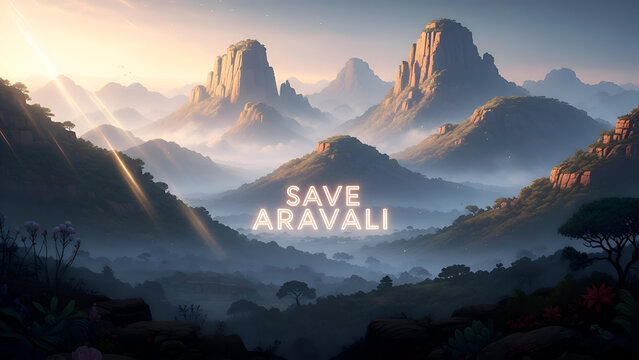 Save Aravali movement showing ancient Aravalli range landscape in Rajasthan with misty mountains sunlight forest ecology nature conservation message against mining protecting environment biodiversity  - Powered by Adobe
