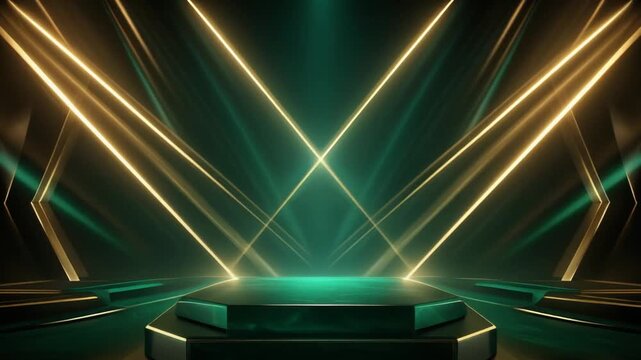 Luxurious abstract motion graphics of an emerald digital pedestal with radiant light rays for high-tech product launches