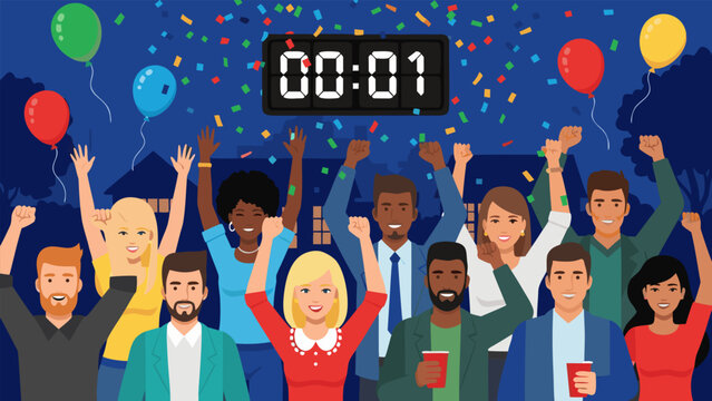 Excited crowd joyfully celebrates as a digital countdown timer approaches zero, marking a momentous occasion with falling confetti