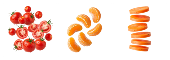 Comparison of sliced tomatoes and two types of orange segments