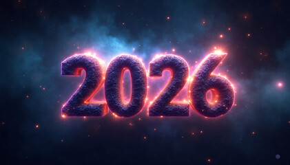 Glowing 2026 Numbers with Fiery Aura in Cosmic Space