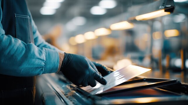 Medium shot of operator handling plastic lithography plate under bright workshop lights demonstrating modern lightweight materials used in printing plate production.