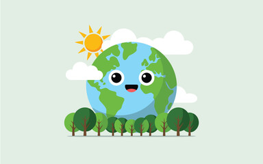 Obraz premium Cute smiling Earth character surrounded by green trees under a bright sun and fluffy clouds