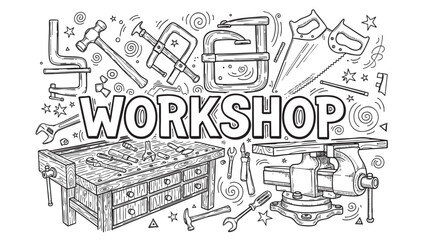 A charming black and white doodle-style illustration depicts various workshop tools and the word "WORKSHOP" in bold lettering, perfect for DIY, crafting, or repair themes.
