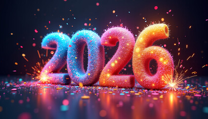 Colorful Fluffy 2026 Numbers with Sparklers and Confetti