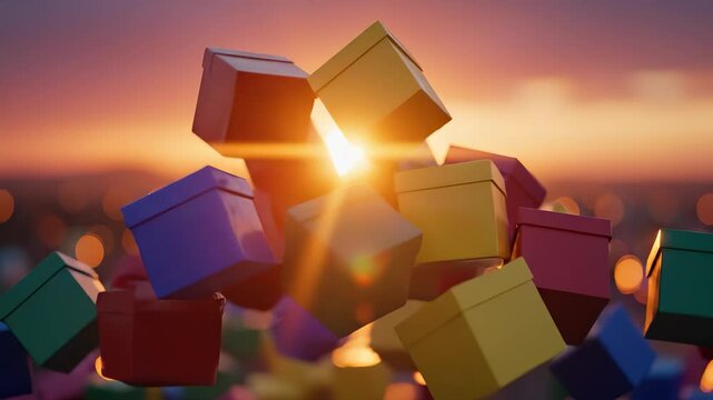 Colorful boxes are stacked together, illuminated by the warm glow of the setting sun. The vibrant boxes create a joyful scene, showcasing creativity and playful spirit against a sunset backdrop.