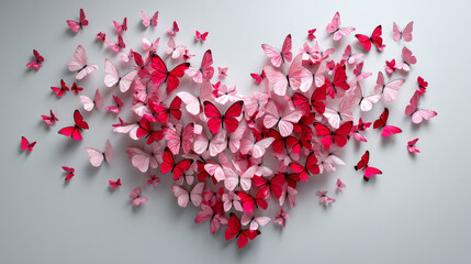 Heart shape made of pink and red butterflies on light background