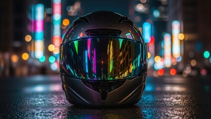 Futuristic motorcycle helmet with neon city reflection on wet urban street at night
