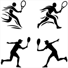 Vector illustration set of black sport silhouettes featuring athletes in action including people running, jumping, 