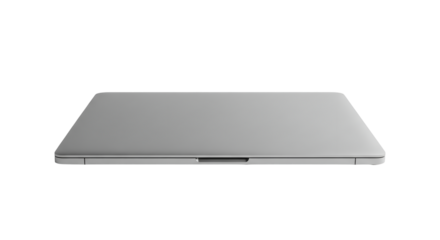 A sleek, closed silver laptop computer, viewed from the front, emphasizing its slim profile and modern aesthetic, isolated on transparent background