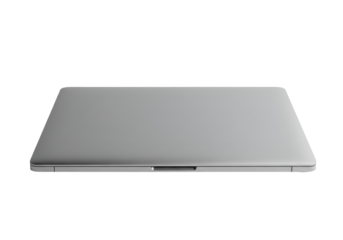 A closed silver laptop computer, viewed from the front, emphasizing its slim profile and modern aesthetic, ideal for tech visuals, isolated on transparent background