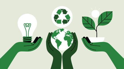 Green hands present global symbols representing environmental protection and sustainable ecological practices