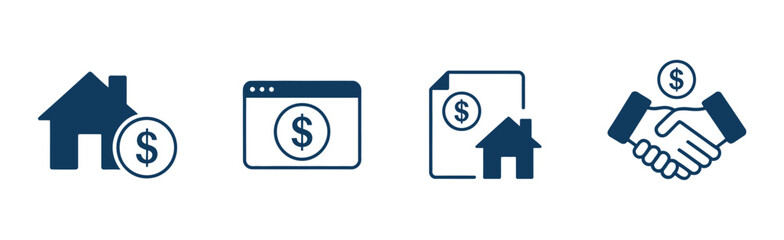 Obraz premium House for Sale and Rent Icon Set. Professional real estate symbols for buying property, online house listings, and lease agreements in a clean vector style.