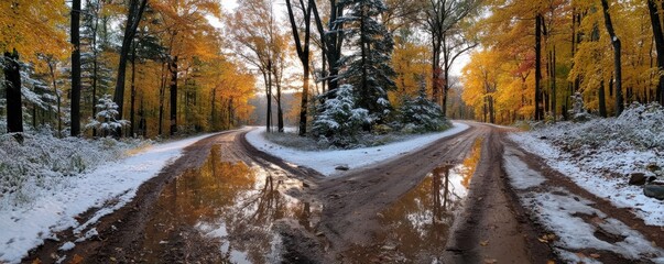 Winding forest road in autumn with orange leaves and an early snowfall