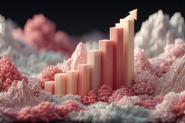 Abstract pink bar graph rising upward amidst a coral and snowy landscape with mountains