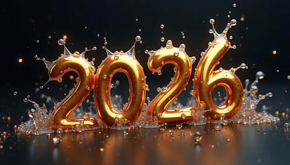 Golden 2026 numbers with water splashes and glitter