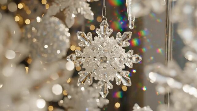 Crystal Snowflake Ornament Catching Light with Rainbow Hues