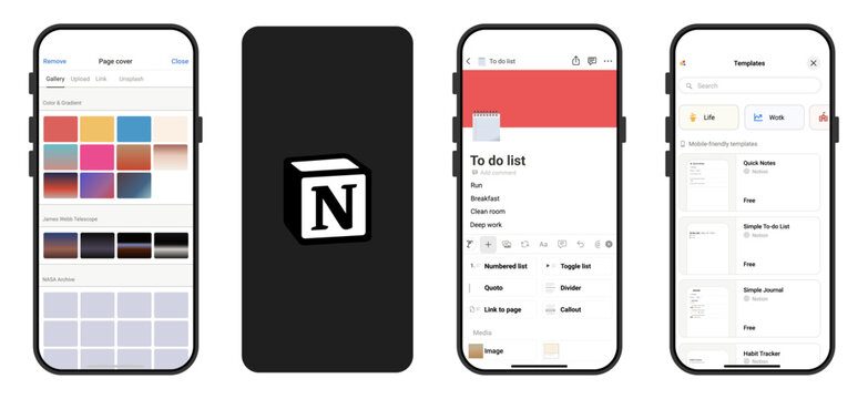 Notion Mobile App Interface Showcasing Page Customization, To-Do List Creation, Templates Library, and Productivity Workflow on iPhone