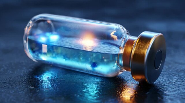 A Captivating Close-Up of a Mystical Glass Bottle Filled with Shimmering Liquid, Radiant Lights, and Sparkling Particles, Set Against a Dark Background, Evoking a Sense of Wonder and Curiosity