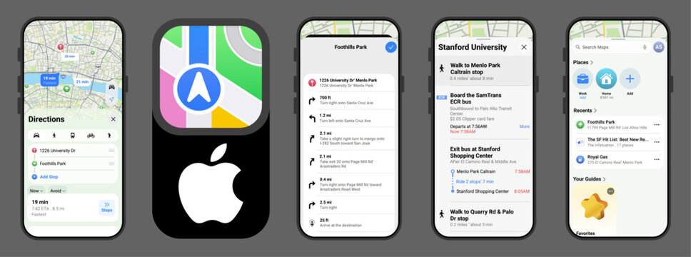 Apple Maps Navigation Interface on iPhone Showing Turn-by-Turn Directions, Route Planning, Public Transport Options, and Location Discovery in Modern iOS UI Design