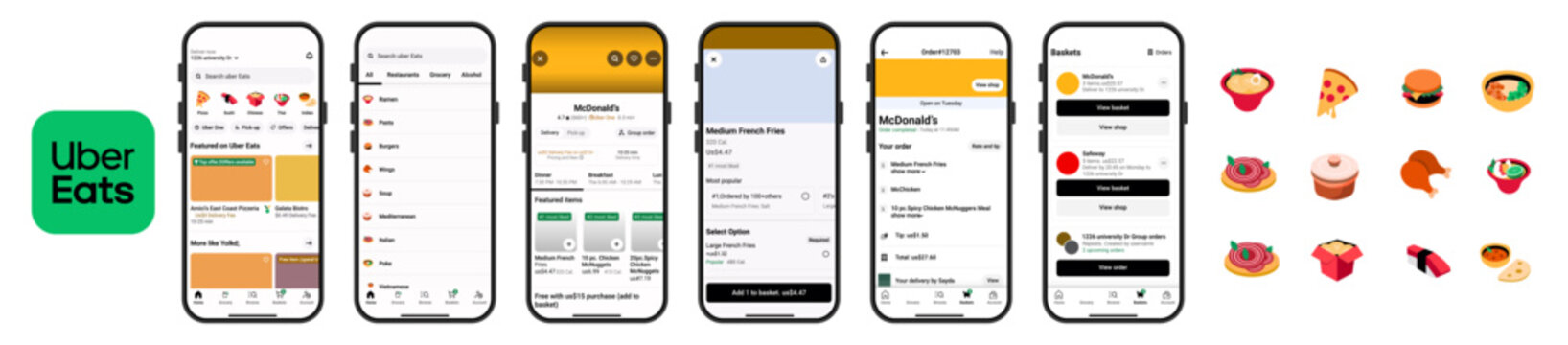 Uber Eats Mobile App User Interface Design Showcasing Food Ordering Flow, Restaurant Discovery, Cart Management, and Checkout Experience on iOS