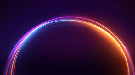 Abstract neon light arc curve with purple and orange gradient glowing on dark background creating futuristic geometric shape for technology design element