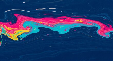 Vibrant pink, yellow, and blue fluid art swirls on a dark blue background, creating an abstract and dynamic pattern.