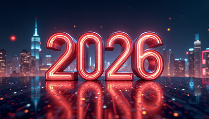 Glowing 2026 Neon Numbers Over Futuristic Cityscape
