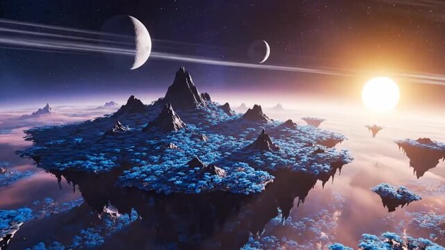 Enchanting fantasy world with majestic floating islands, unique blue foliage, a radiant sun, and distant moons in a vast cosmic sky