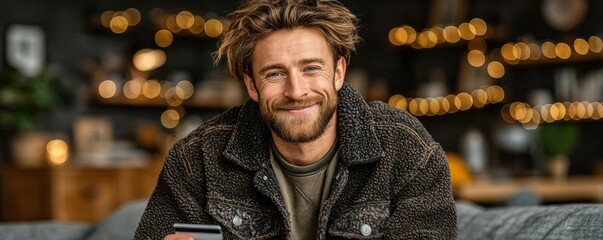 Young man in casual jacket smiles while holding a phone in a cozy cafe setting