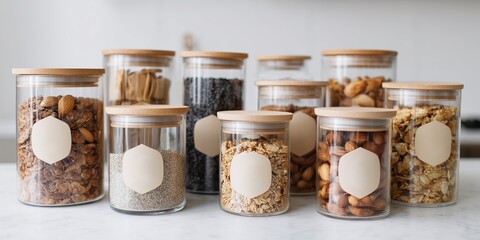 Display of jars filled with various dry foods on a kitchen counter in a home setting