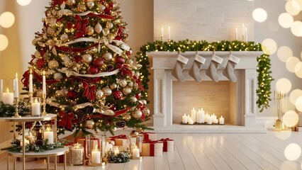 Elegant Christmas tree with festive decorations and cozy fireplace with stockings and candles